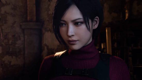Resident Evil Ada Wong: A screenshot from a resident Evil game shows the Asian-American chaarcter Ada Wong, in a distinctive red top and exploring dark areas filled with zombie creatures