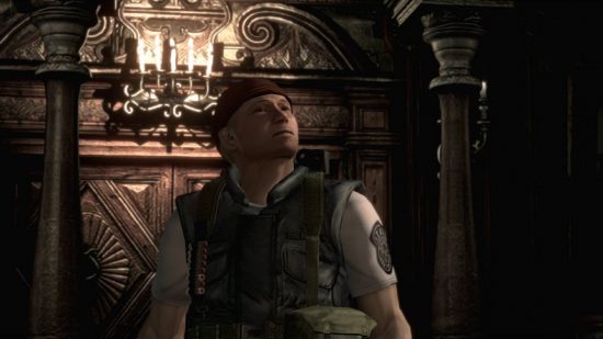 Postacie z Resident Evil: zrzut ekranu pokazuje kilku członków Stars w rezydencji Spencerów