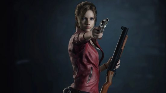 Resident Evil's Claire stood holding a pistol and a grenade launcher