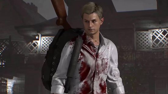 Resident Evil Ethan: a piece of key art shows Ethan Winters in a tattered white shirt covered in blood 