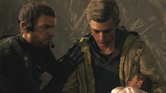 Resident Evil Ethan: Ethan Winters and Chris Redfield look down at a small baby