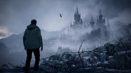 Resident Evil Ethan: Ethan Winters looks out over a cold and mysterious European village
