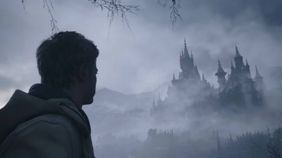 Resident Evil Ethan: Ethan Winters looks out over a cold and mysterious European village