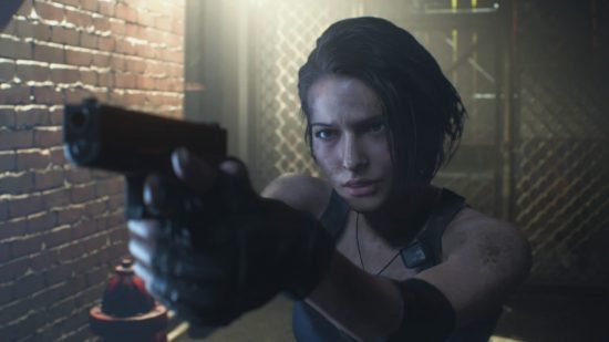 Resident Evil's Jill stood in an alleyway aiming her gun