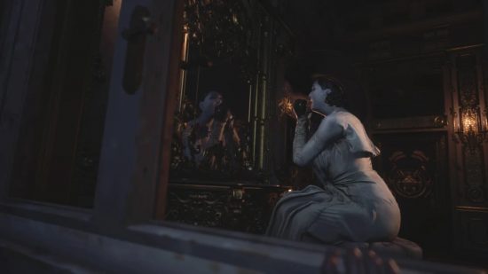 Resident Evil's Lady Dimitrescu sat at a dresser applying lipstick