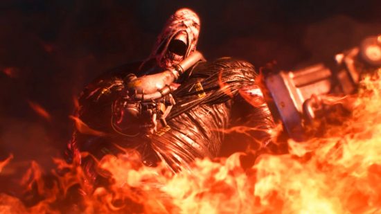 Resident Evil's Nemesis screaming in flames