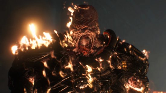 Resident Evil's Nemesis staring forward on fire