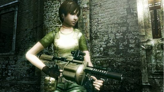 Resident Evil Rebecca holding a grenade launcher