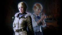 Resident Evil Sherry: Sherry Birkin as her adult self (left) from RE6, and her younger self (right) from RE2 Remake, both pasted on an image of the destroyed city streets of Raccoon City from RE2 Remake