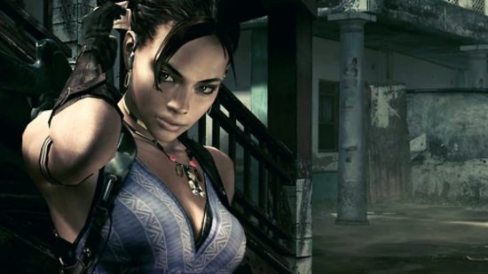 Resident Evil's Sheva with her hand on her neck