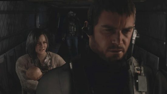 Resident Evil Village characters - Chris Redfield looking sad as Mia Winters yells at him