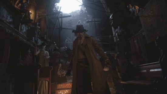 Resident Evil Village characters - Karl Heisenberg talking to Ethan with the lords in the background