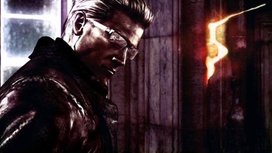 Resident Evil's Wesker looking intimidating in an old room