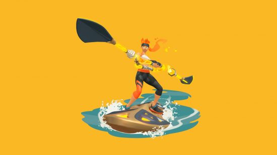 Ring Fit Adventure 2 speculation: a character with fiery hair and a sports outfit holds a paddle and stands on a canoe in some water, superimposed on a mango yellow background.