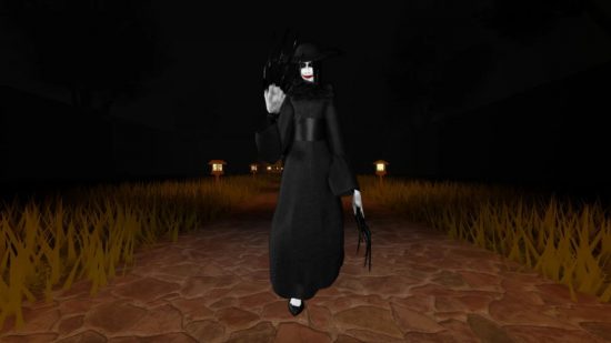 A Picture of the Slit-Mouthed Woman walking down a dark path