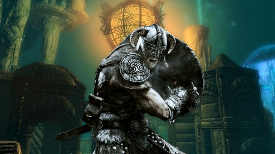 Custom image for Skyrim Blackreach article with the orb of Blackreach in the background of the fighting Dragonborn