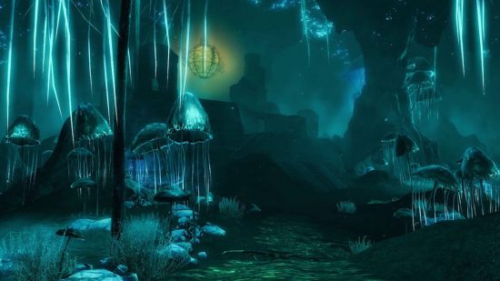 An image of Skyrim's Blackreach, with the orb just in the backround, and blue shrooms everywhere
