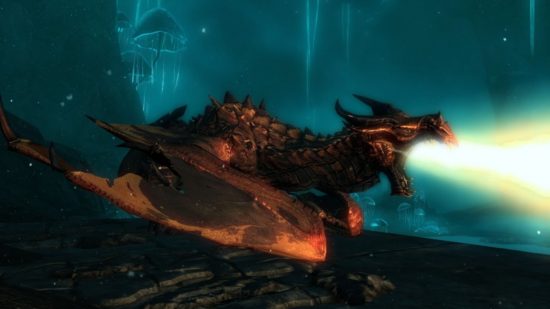 The dragon in Skyrim's Blackreach streaming fire at an unseen enemy