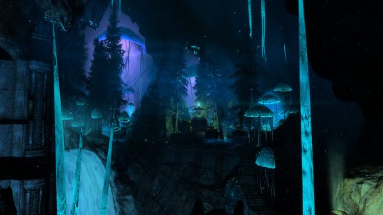 Screenshot of the magical forest Skyrim Blackreach mod