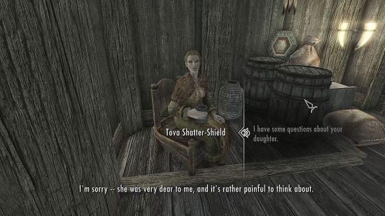 A chat with Tova in the Skyrim Blood on the Ice quest