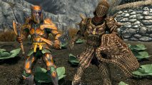 Two characters wearing Skyrim Creation Club armour