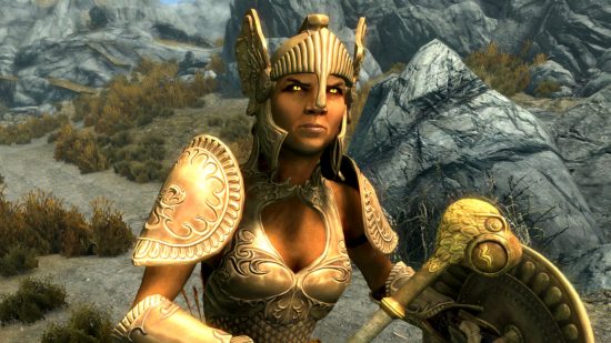 A character wearing Skyrim Creation Club armour
