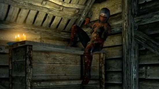 Screenshot of one of the Skyrim Dark Brotherhood assassins waiting in the shadows