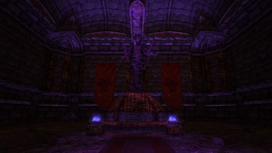 An eerie purple hall with hanging signs in Skyrim Dark Brotherhood mod Brotherhood of Old 