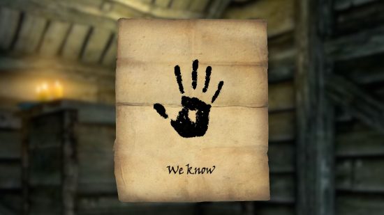 The infamous We Know note from the Skyrim Dark Brotherhood