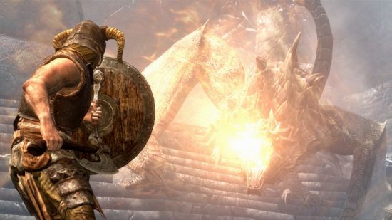 Skyrim dragon: a dragon breathes fire on a shield bearing warrior in Skyrim.