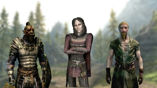 Three Skyrim followers cutout and superimposed on a blurred background of trees and a path in Skyrim. On the left is a well armoured orc with a mohawk-type hair and grisly eyes. On the right is a blonde man with a grey/green tunic and fancy facial hair. In the middle is a vampire with tight-to-the-head medium length hair, a long cape, and red sleeved clothing.