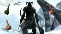 Skyrim potion recipes: a shadowy skyrim character wielding two swords and weaing a horned helmet stands superimposed on a snowy blurred background. Alongside them are PNGs of red, green, and blue vials for potions.