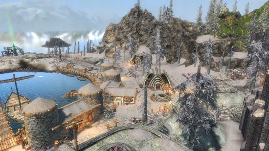 Screenshot of a snoy Skyrim Raven Rock scene with the port and town in view