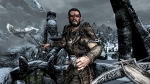 Skyrim swit and other insults - screenshot of the player aiming a crossbow at an angry human enemy