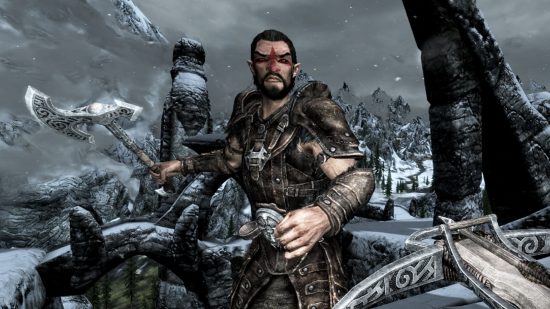Skyrim swit and other insults - screenshot of the player aiming a crossbow at an angry human enemy