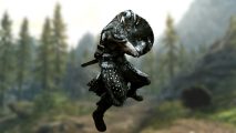 Skyrim thieves guild, ahero in a hroned helmet, wearing heavy, lightly studded armour, a shield, and a sword, on a blurred background of a forest in Skyrim.