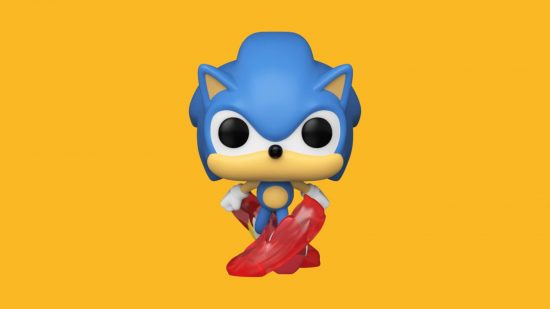 Sonic figures: Sonic is a blue hedgehog, with red shoes and white gloves. Here, he is in a Funko Pop form -- so his head is abnormally large.