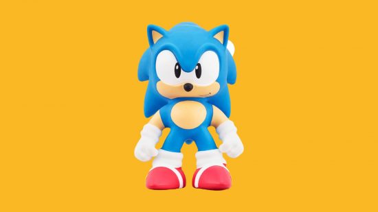 Sonic figure: Sonic is a blue hedgehog, with red shoes and white gloves. Here, he is a little more cartoony, squishy, and stretchy.