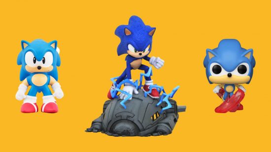 Three sonic figures: Sonic is a blue hedgehog, with red shoes and white gloves. In the middle, he is kneeling on a crashed spaceship. On the right, he is in a Funko Pop form -- so his head is abnormally large. On the left, he is a little more cartoony, squishy, and stretchy.