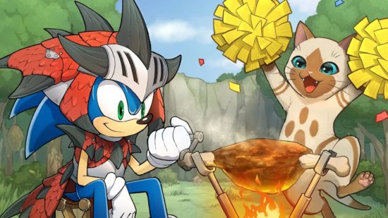 Sonic Frontiers DLC - Sonic in Rathalos armour, cooking a steak while a palico dances behind him