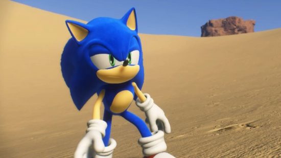 Screenshot of Sonic looking tired in the desert for Sonic Frontiers review