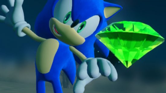 Screenshot of Sonic picking up a chaos emerald for Sonic Frontiers review