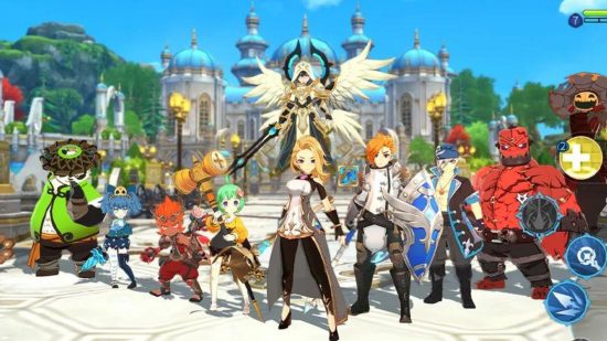 Summoners War: Chronicles codes- various anime characters in front of a large palace stood like heroes ready for war.