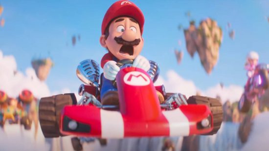 Super Mario movie trailer: A screenshot from the Super Mario Bros movie trailer shows Mario riding a kart and looking shocked while flying through the air