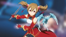 Sword Art Online Variant Showdown launch: an anime character superimposed on a blurred background with a tiny dragon next to her. The dragon is about the size of her arm, blue, and has a long tail. She has brown hair in pigtails, hazel eyes, and a red and white ornate dress on. She is holding a dagger in her right hand.