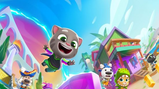 Talking Tom Time Rush pre-registration: a cat in a purple jacket and green trousers flies through the air with a grin on its face with blue sky above, an aqueduct far off in the distance to the left, a pirate type goat below that, and two other furry friends by a beach house to the right.