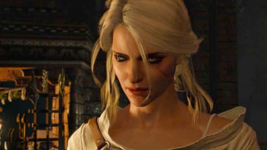 The Witcher 3 Ciri: Ciri is facing forward, silver haired, with white top and leather straps. She looks stern, determined, lit by a fireplace hidden behind her.