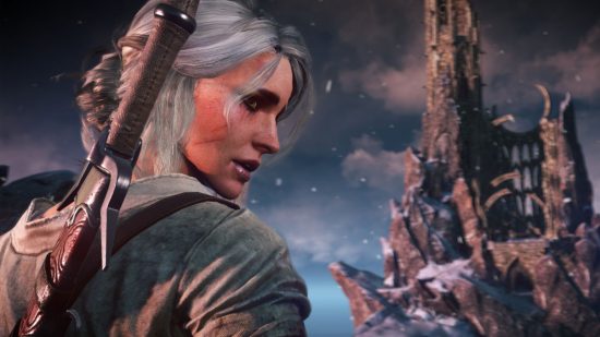 The Witcher 3 Ciri: Ciri is facing forward, silver haired, with white top and leather straps. She looks over her soldier, large stony outcrop in front, sword on her back, snow falling down.