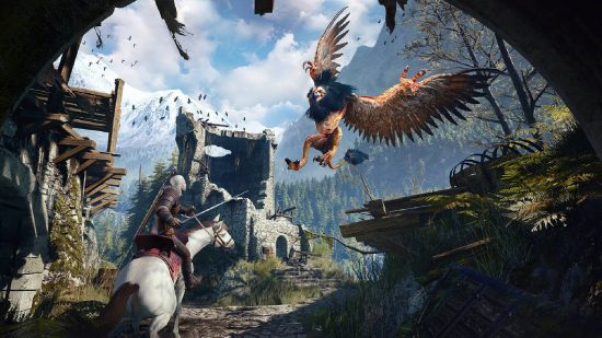 The Witcher 3 Family Matters - Geralt on a horse fighting a griffin