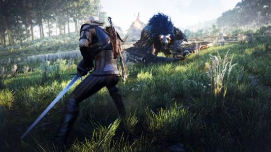 The Witcher 3 Geralt fighting a Griffin in a field
